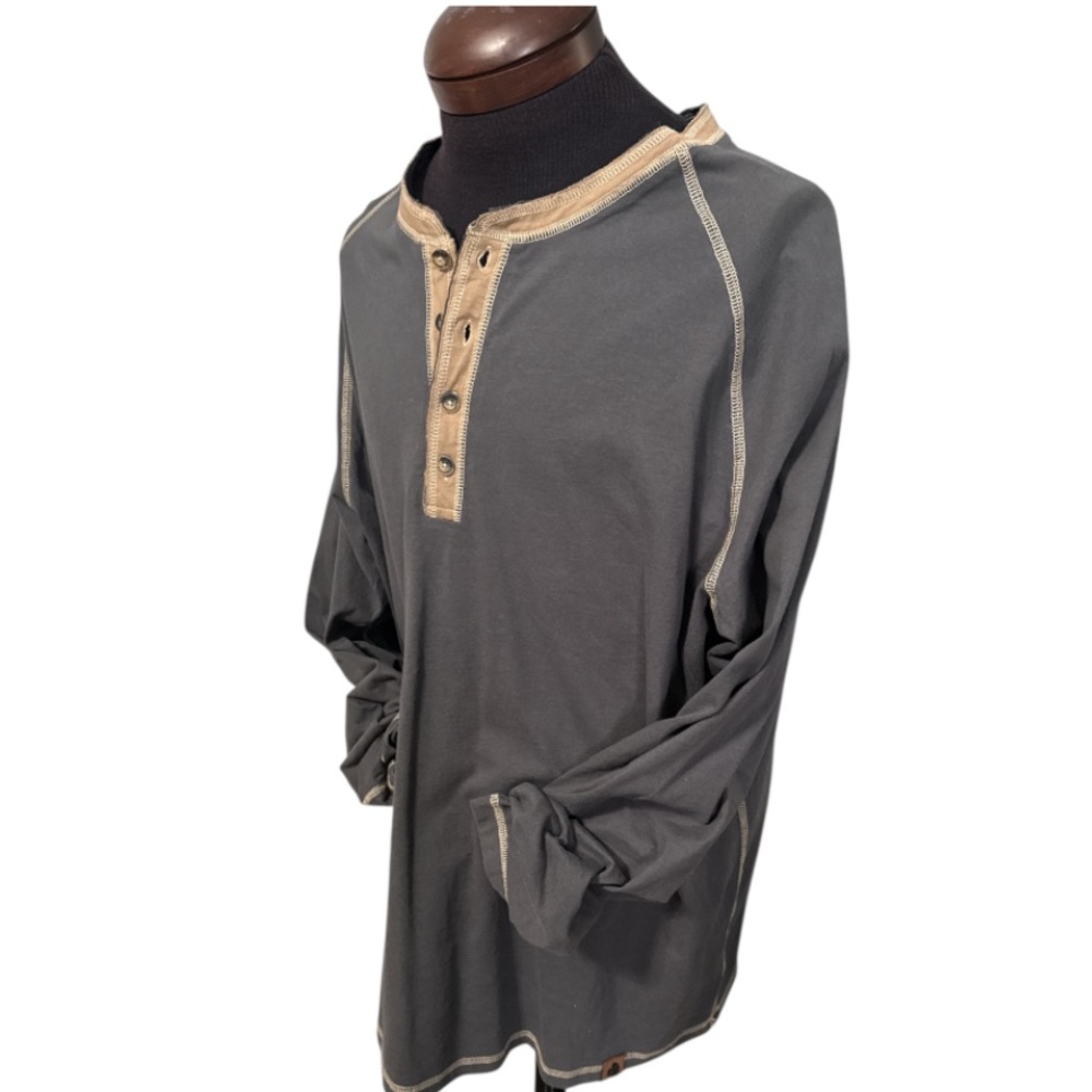 Rugged Gray & Tan Raglan Henley Shirt Mens Sz XL Contrast Stitch Long Sleeve
